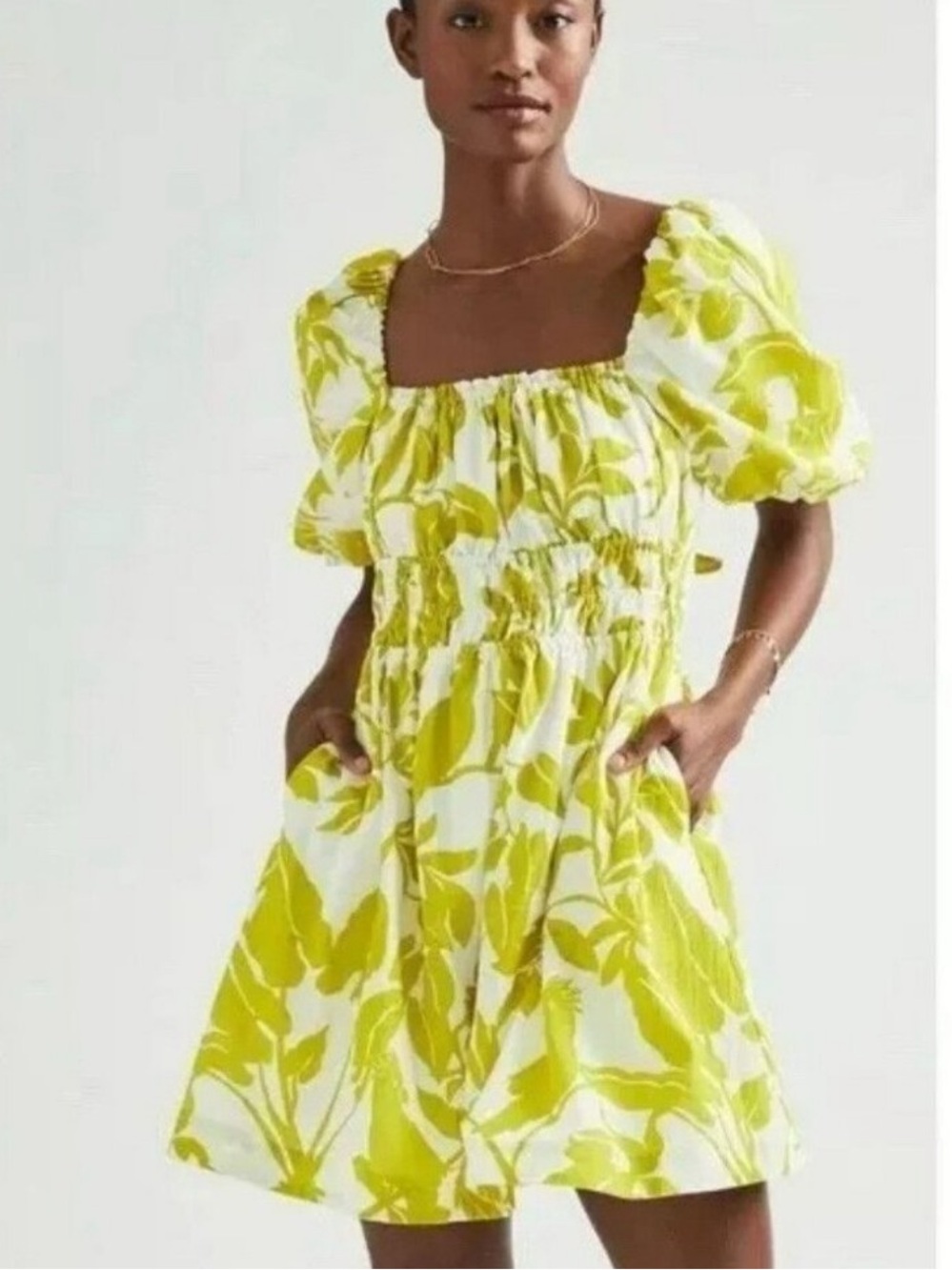 Anthropologie Maeve Feliciana Tropical Print Puff Sleeve Mini Dress Chartreuse